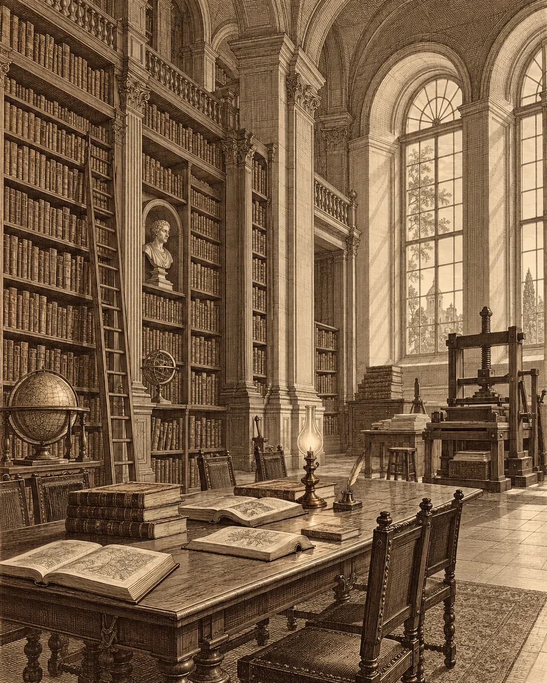 Gravura de uma biblioteca antiga